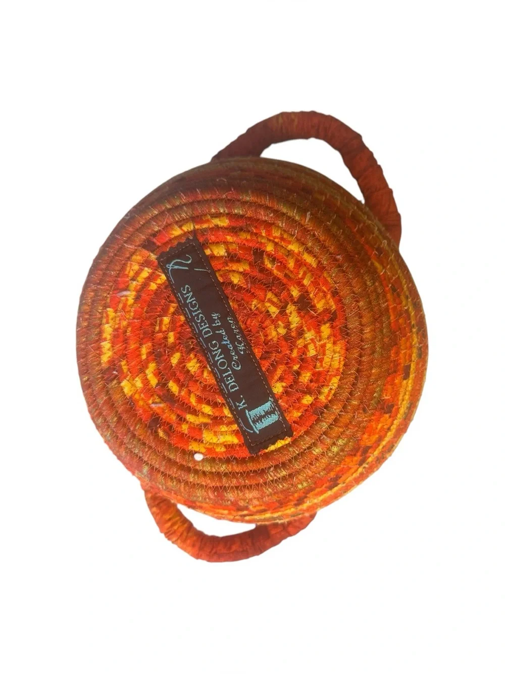 Handmade K Designs Coiled Fabric Basket Orange Rust Gold Double Handle